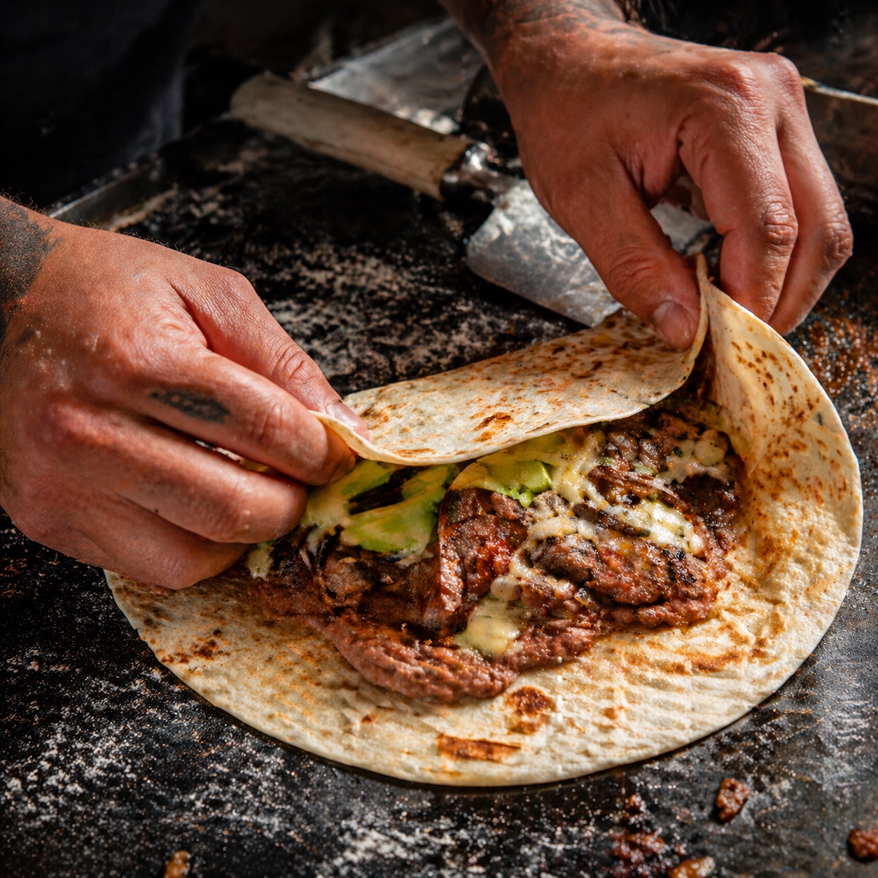 Manos enrollando un burrito sobre la plancha caliente